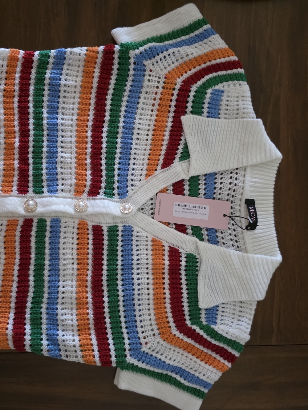 Striped Open-Knit Cardigan with Pearl Buttons - White & Multicolor